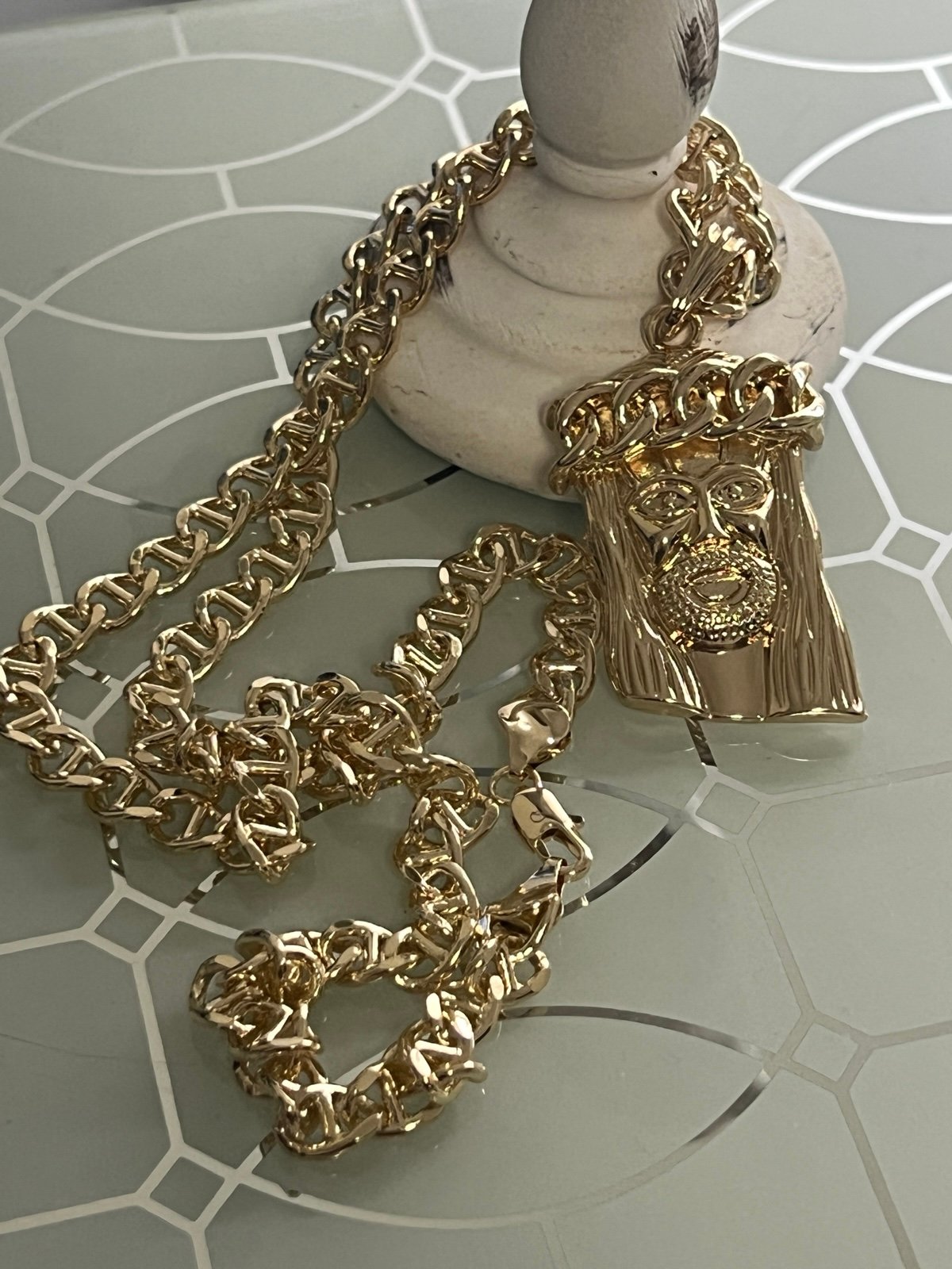Jesus Gold Plated Pendant With Chain Necklace 24” 7mm