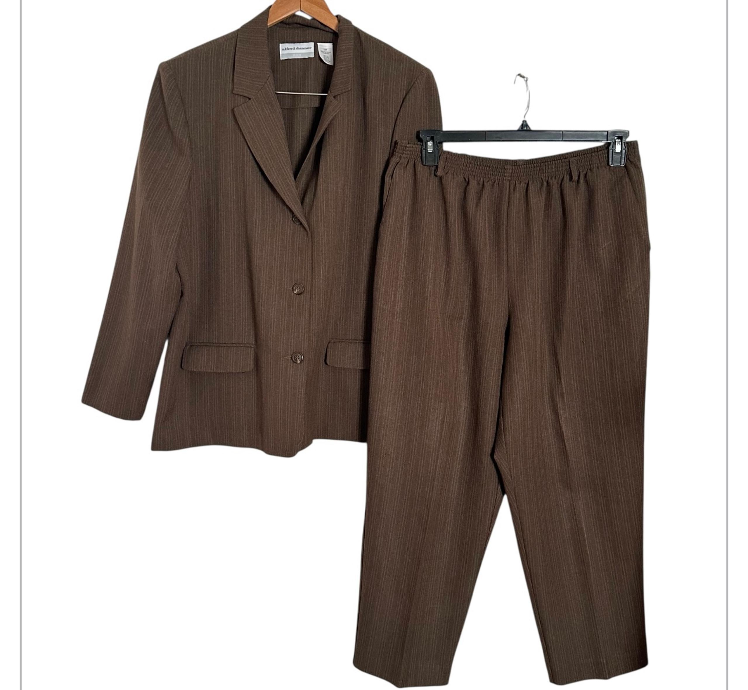 ALFRED DUNNER Womens Size 18 P Brown Striped 2-Piece Jacket & Pants Suit Set