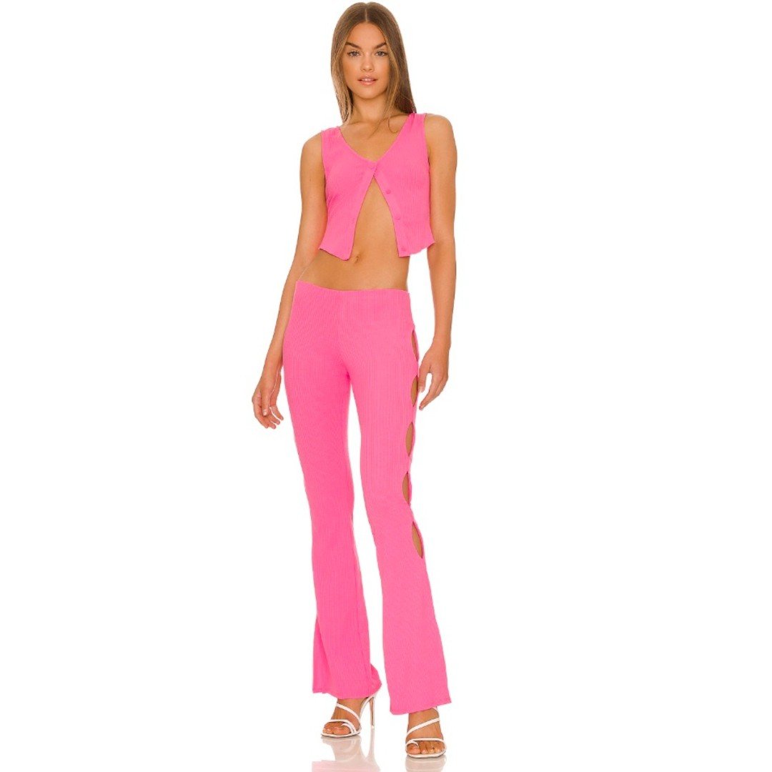 NEW Camila Coelho Abby Waist Coat Button Down Top CutOut Flare Pant Set Hot Pink