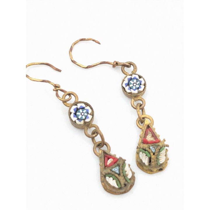 Antique Rare Earrings Drop dangle pierce micro mosaic venetian glass metal READ