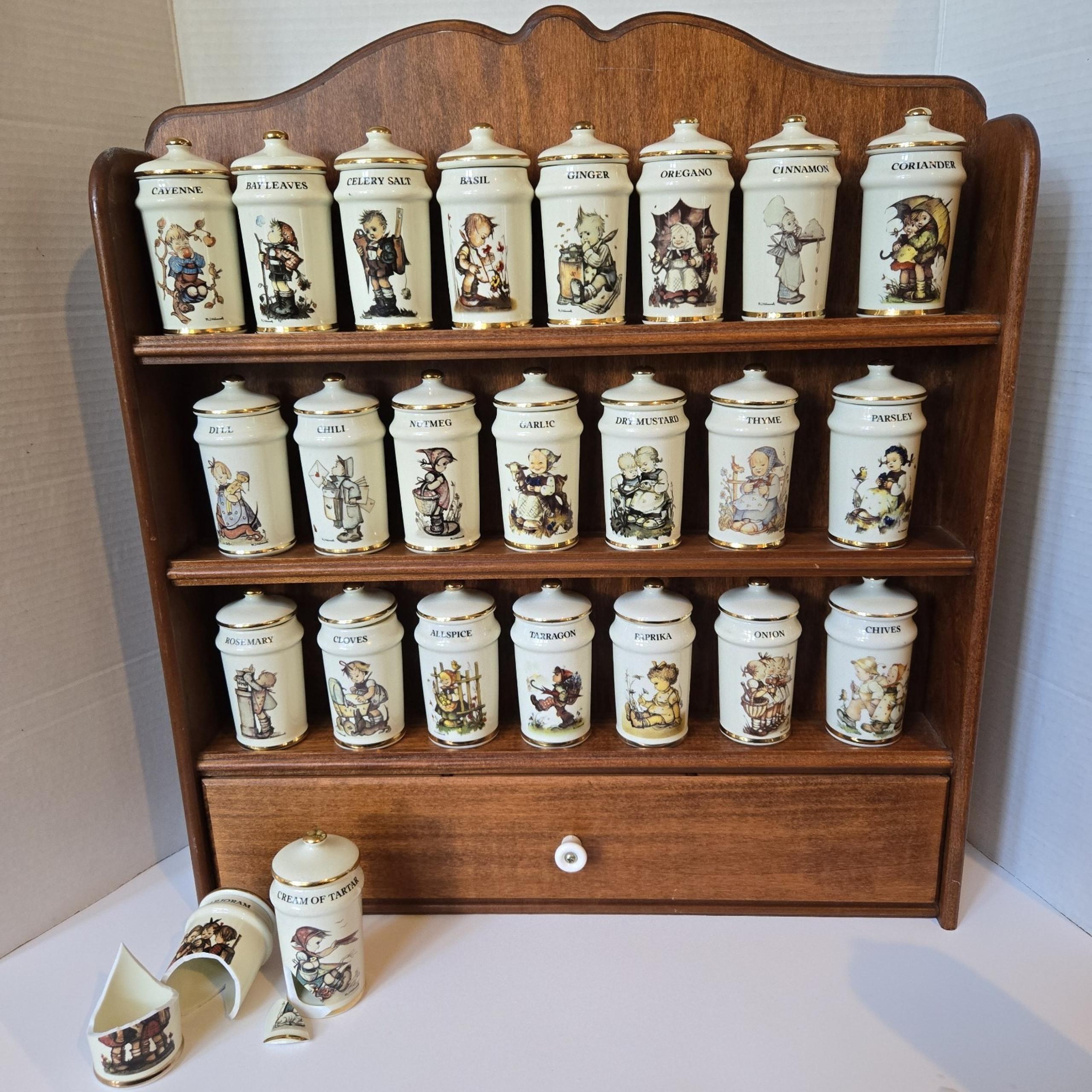 MJ Hummel Spice Jar Set 24K Gold Switzerland/Japan 1987 24 Jars w/ Display Rack
