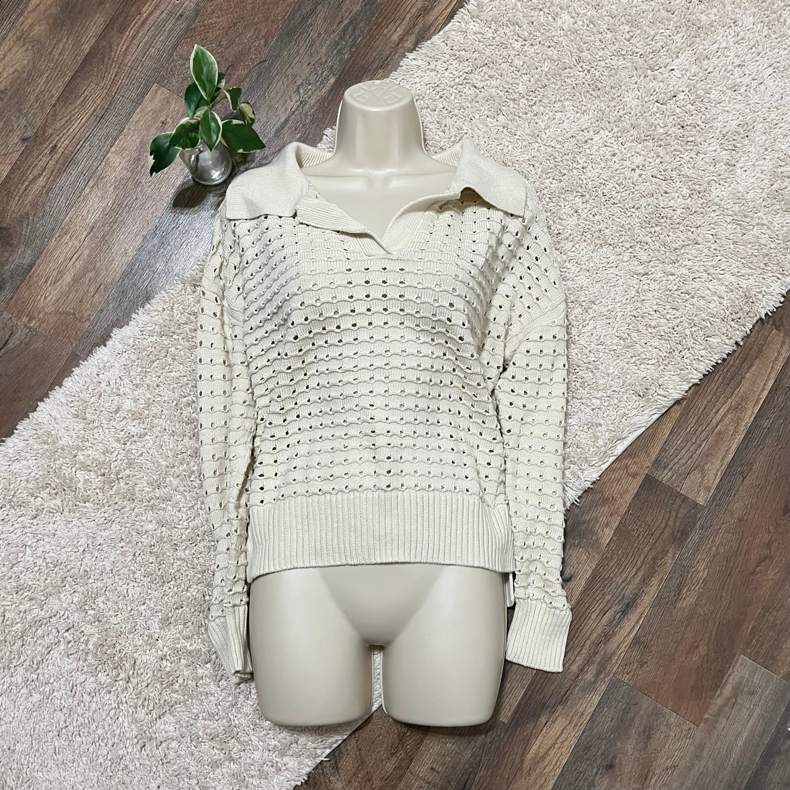 Joie Large Oversized Cream Open Knit Split Neckline Collar Pullover Sweater