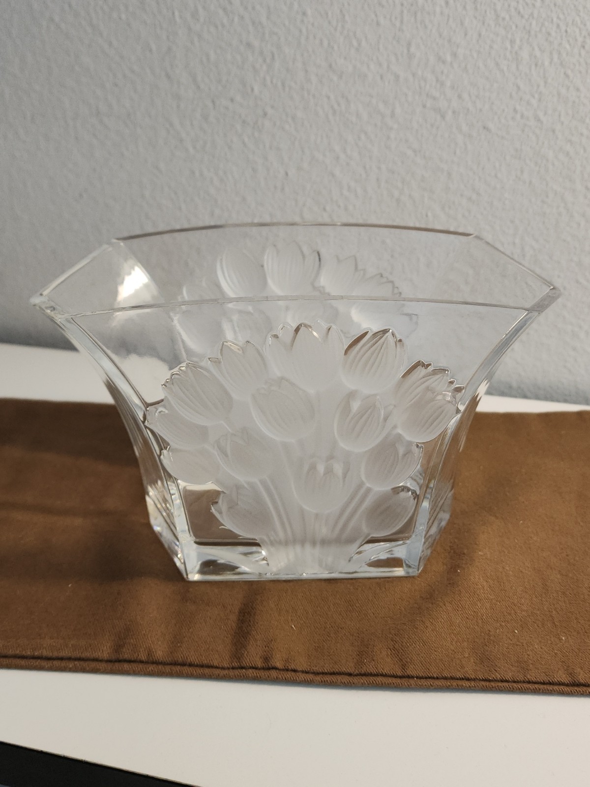 RARE vintage frosted Raised Tulips glass with clear glass bowl/vase