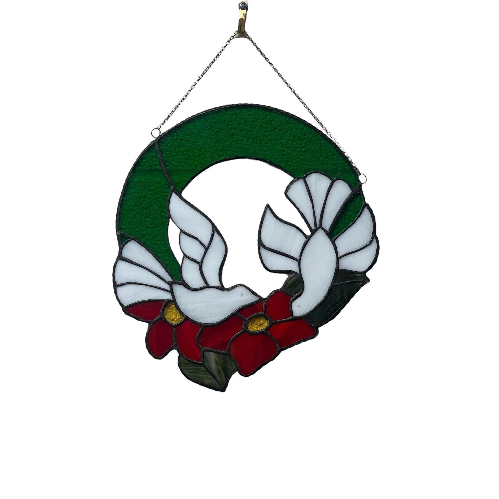 Vintage Stained Glass Christmas White Dove Wreath Window Hanging Suncatcher