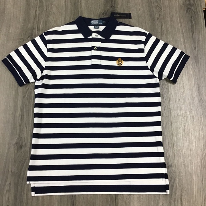 NWT Polo Ralph Lauren Blue White Striped Crest Polo Shirt Size Large