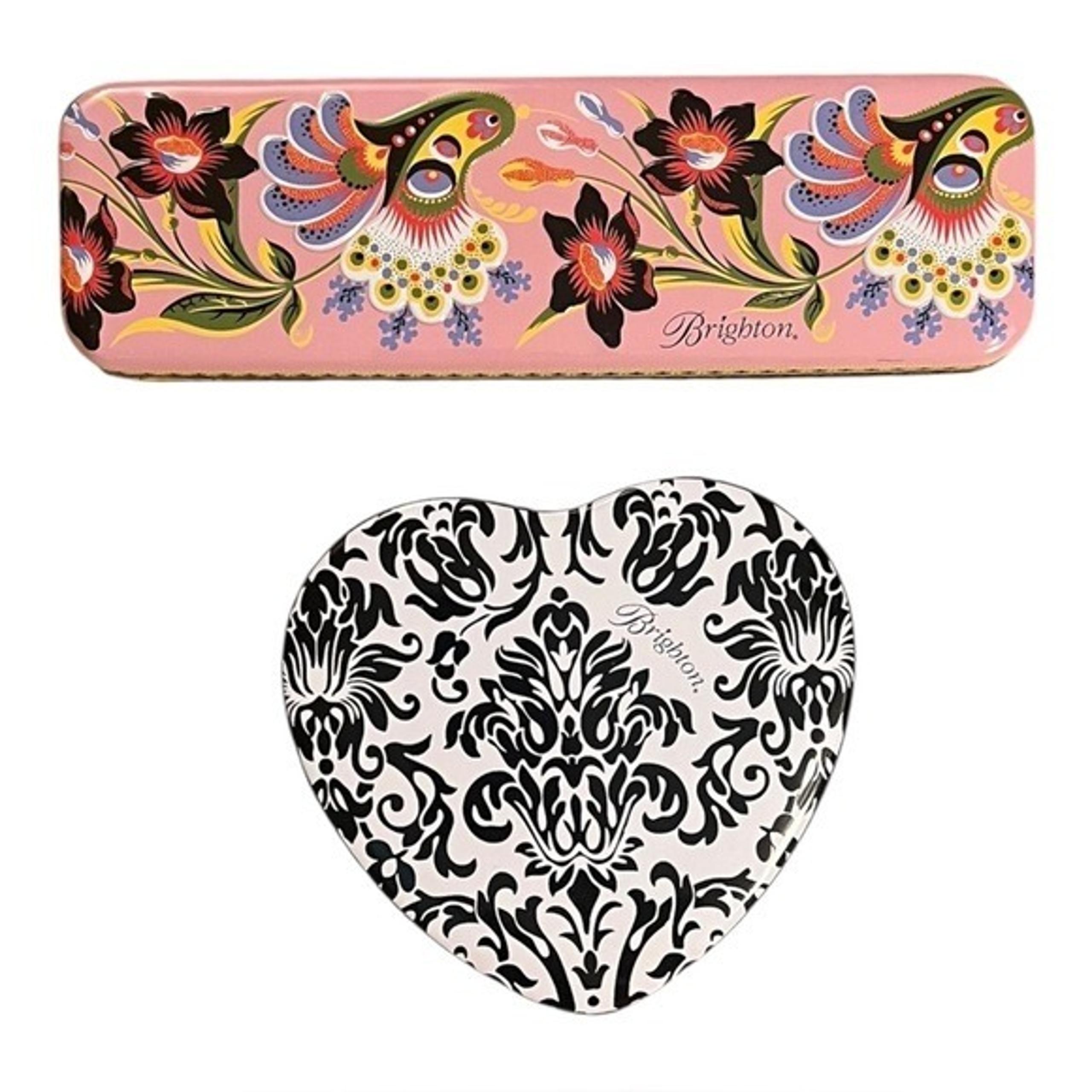 Brighton Lot of Two Jewelry Tins Pink Floral & Black & White Heart EUC