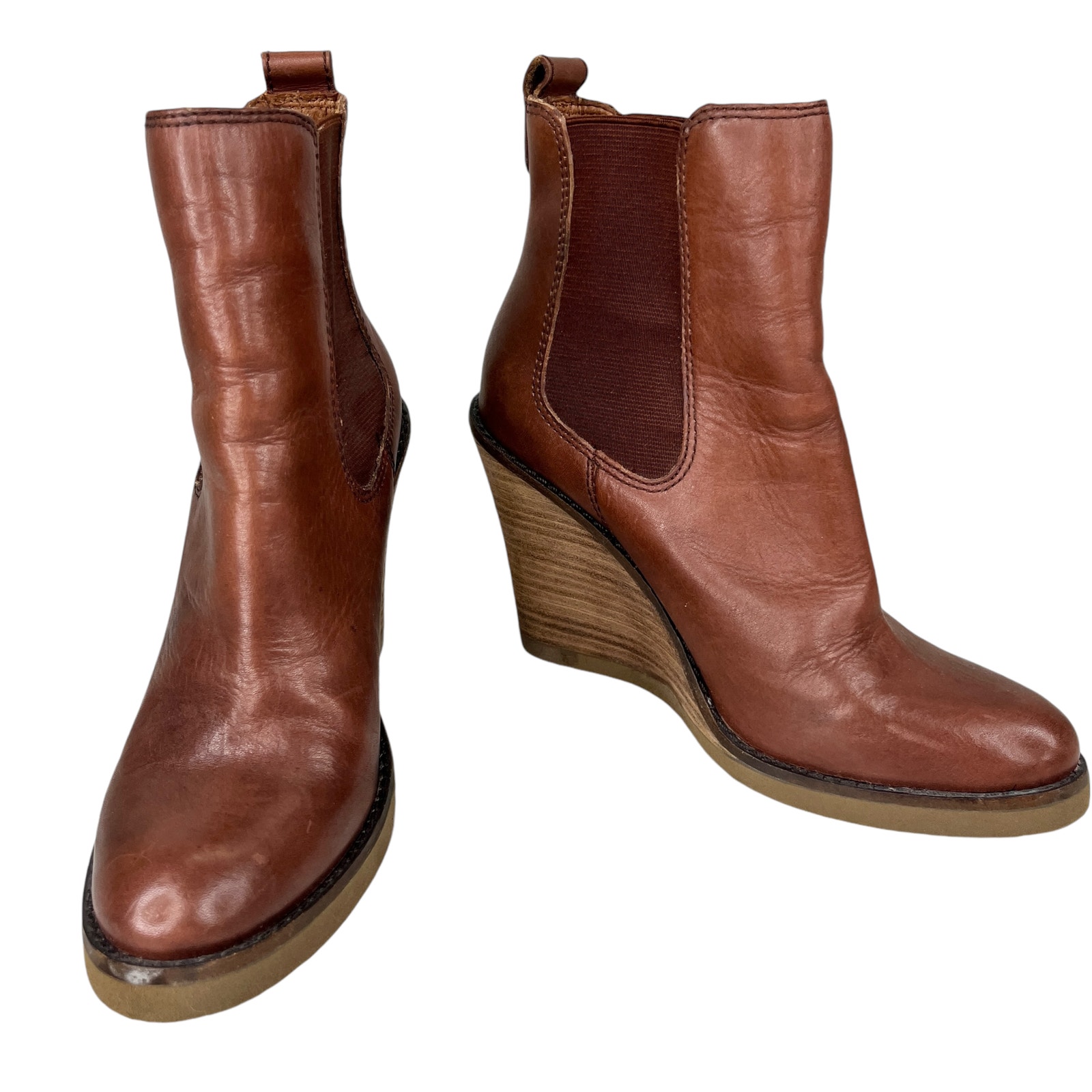 Lucky Brand Fedora Brown Leather Wedge Ankle Boots Booties 6.5