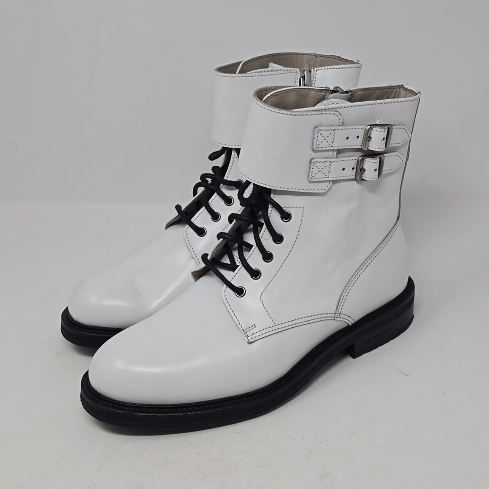 All Saints Women Brigade Lace-up Zipper Lug Sole White Leather Boots Size 8