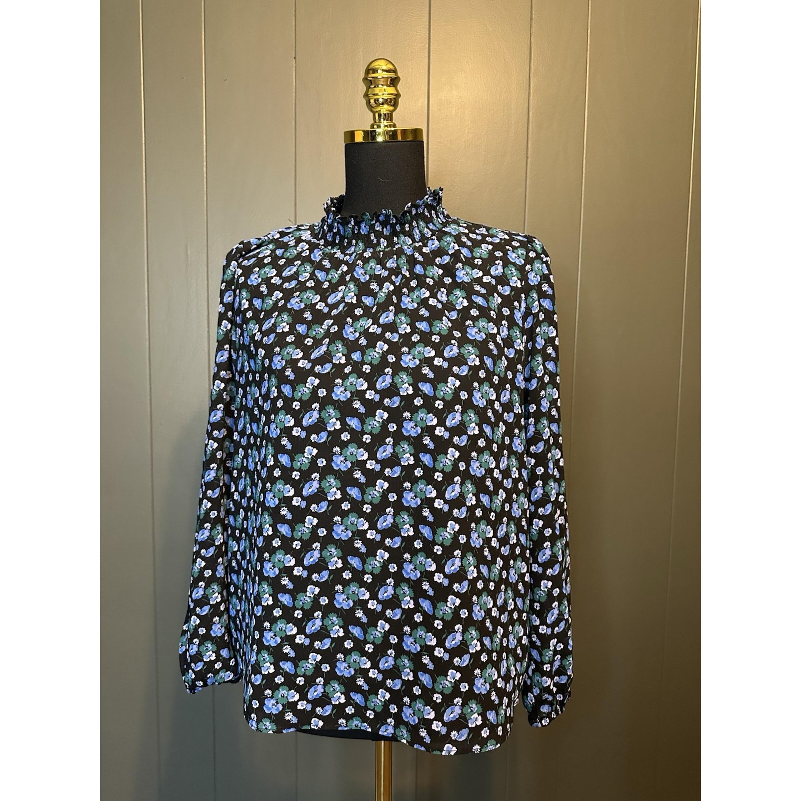 Top Blouse Small Long Sleeve Smocked Mock Neck Blue Black Floral Twee - J.Crew