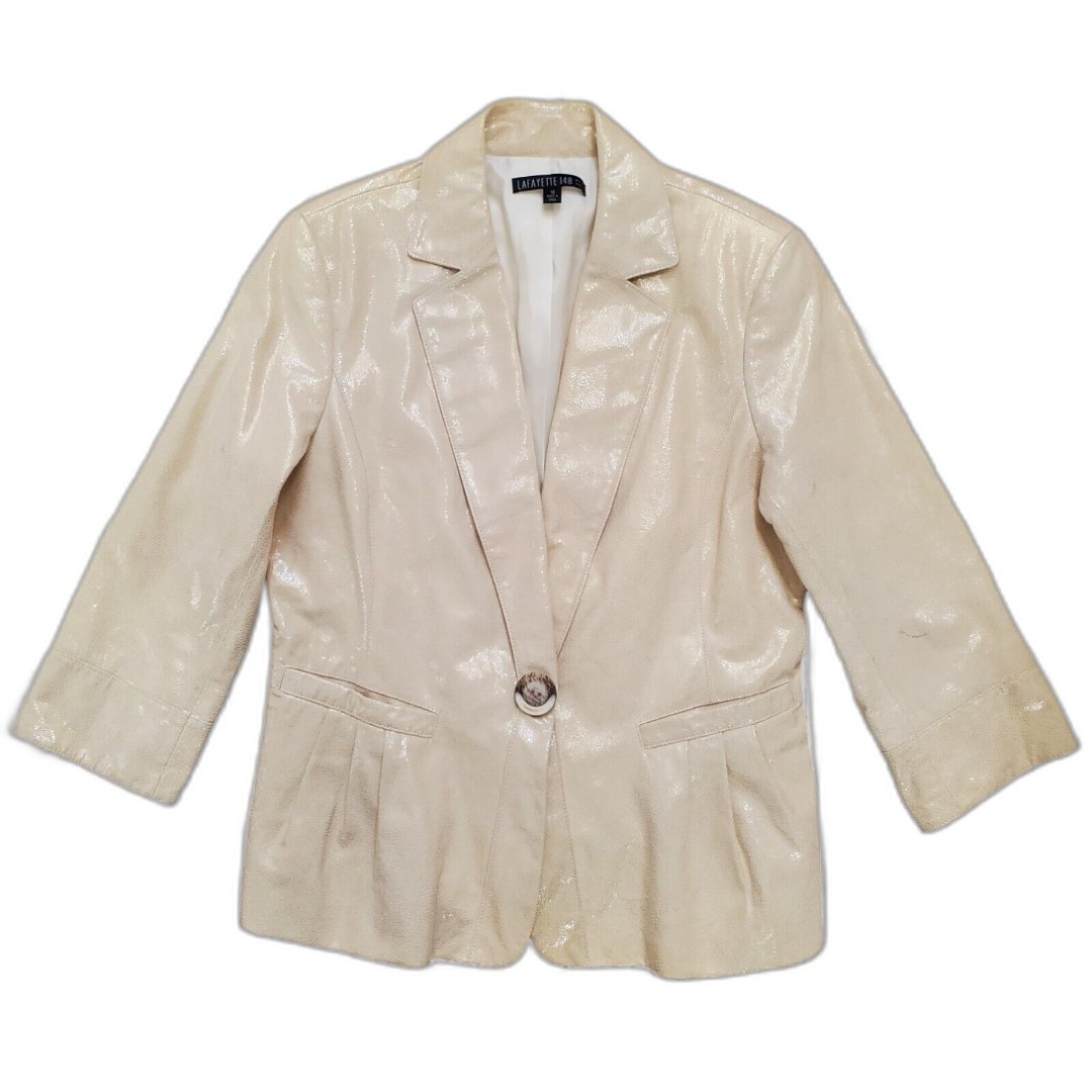 Lafayette 148 Jacket Womens 10 Beige Leather Single Breasted Blazer VTG FLAW
