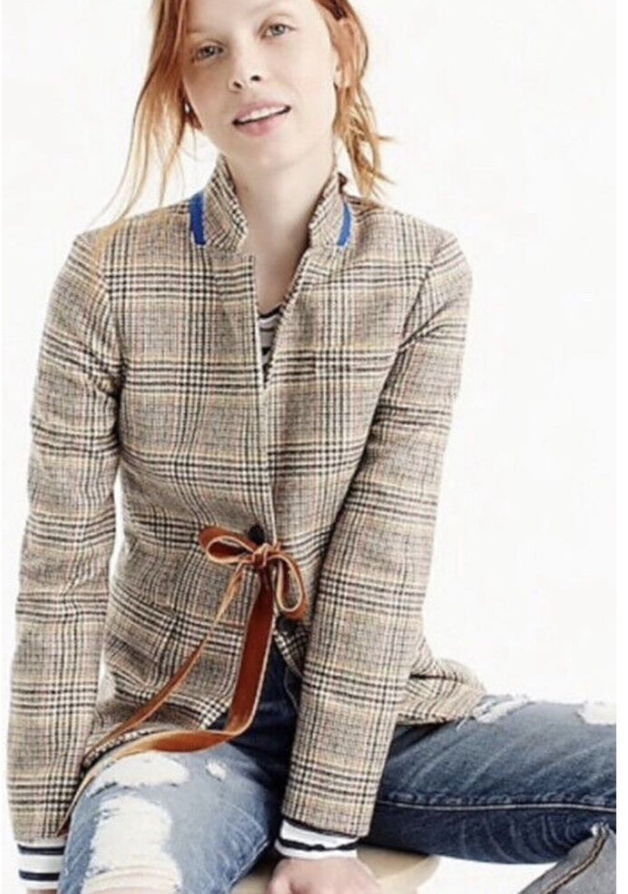 J. Crew Regent Blazer 100% Wool Houndstooth Plaid with Velvet Ribbon. Size 0.