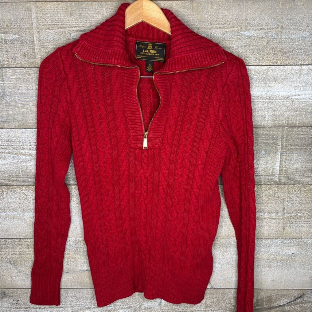 Lauren Ralph Lauren medium Red Cable Knit 3/4 zip Sweater