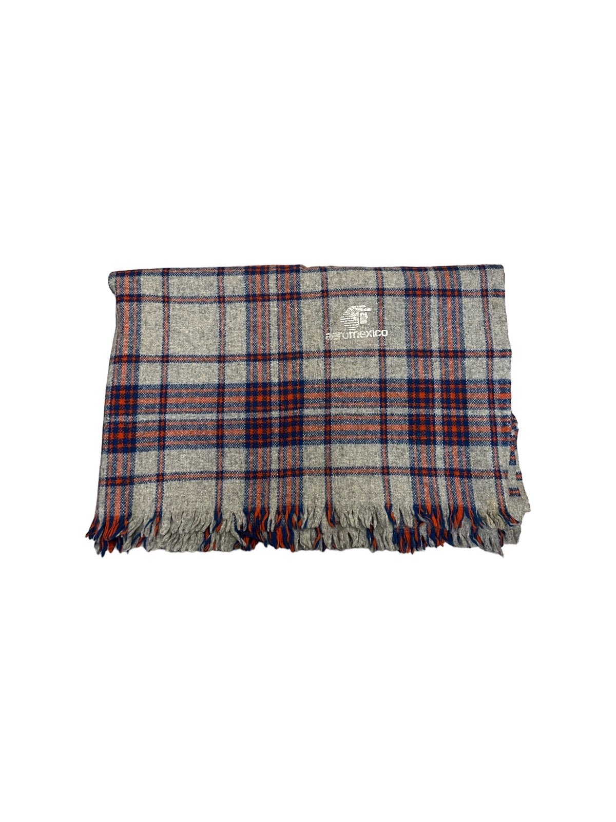 Vintage Aeromexico Airline Inflight Orange Blue Plaid Fringe Wool Blanket