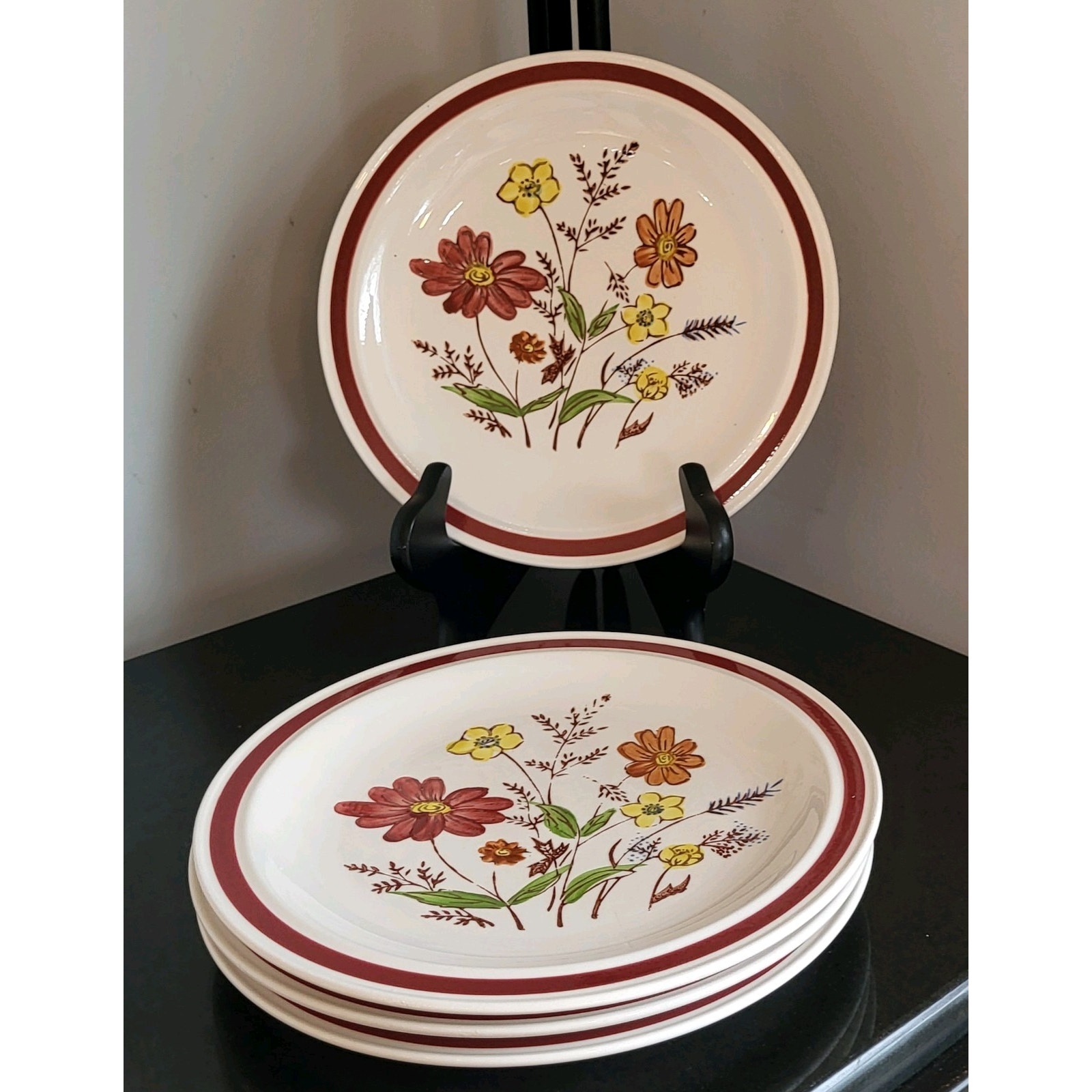 Vintage Hand-painted Lunastone Salad Plates #1527 Forest Flowers (4 Set) 7.5