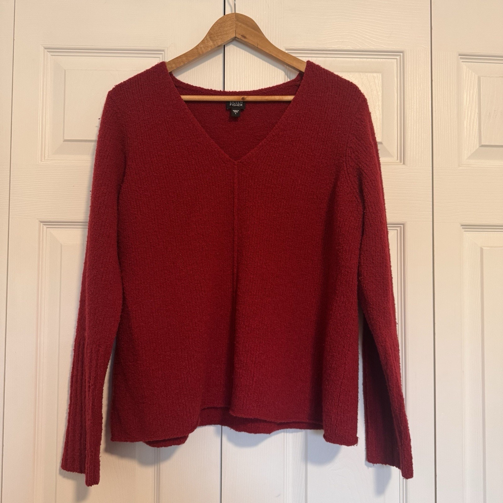 Womens Eileen Fisher Red V Neck Wool Sweater Size Large