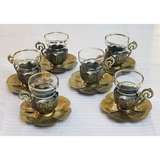Turkish Tea Glasses Handblown Set of 6 w/ Gold Trim, Brass Holders & Saucers VTG