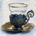 Turkish Tea Glasses Handblown Set of 6 w/ Gold Trim, Brass Holders & Saucers VTG