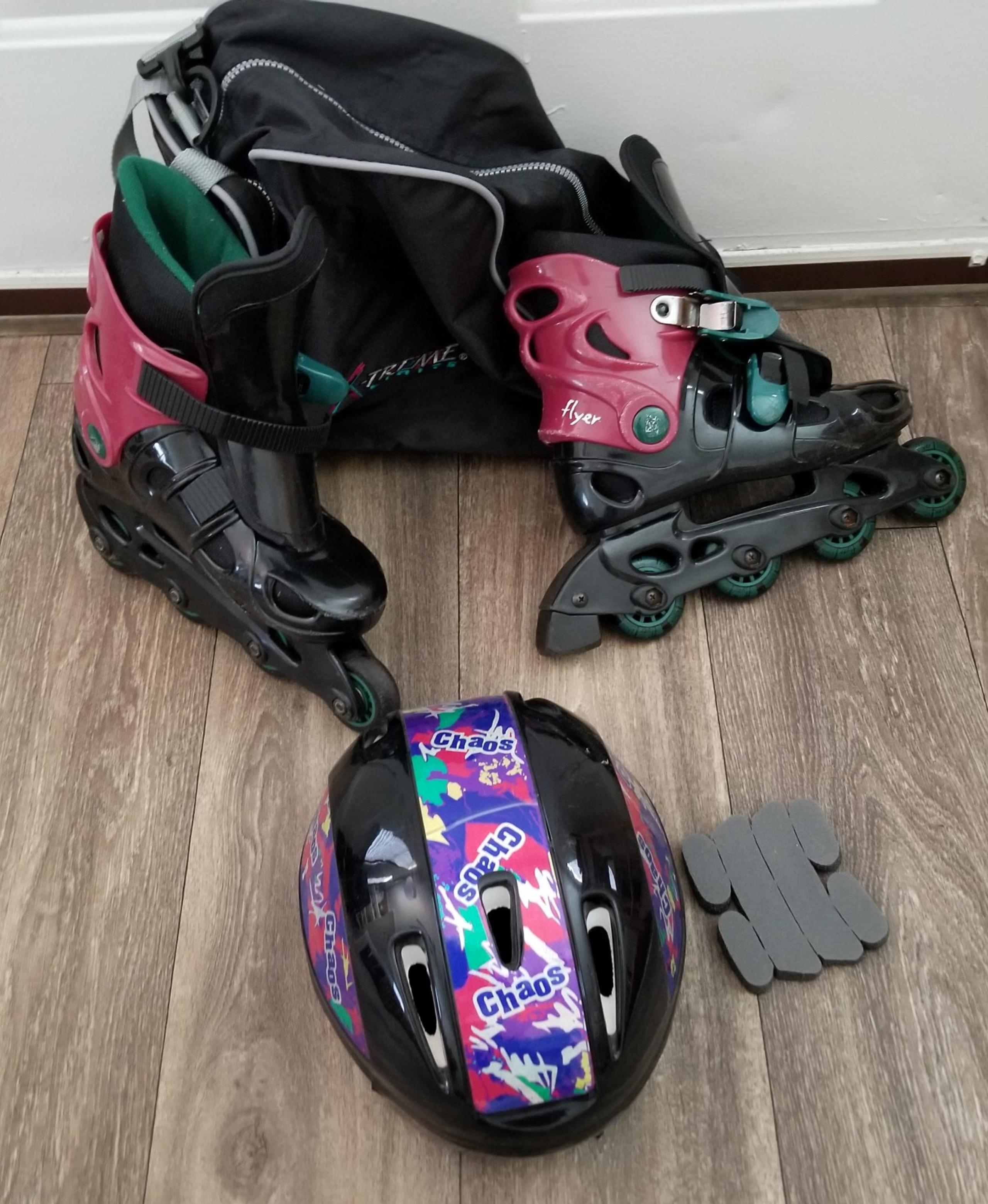 Kids Flyer Rollerblades, Helmet, and Rollerblade Tote Bag.