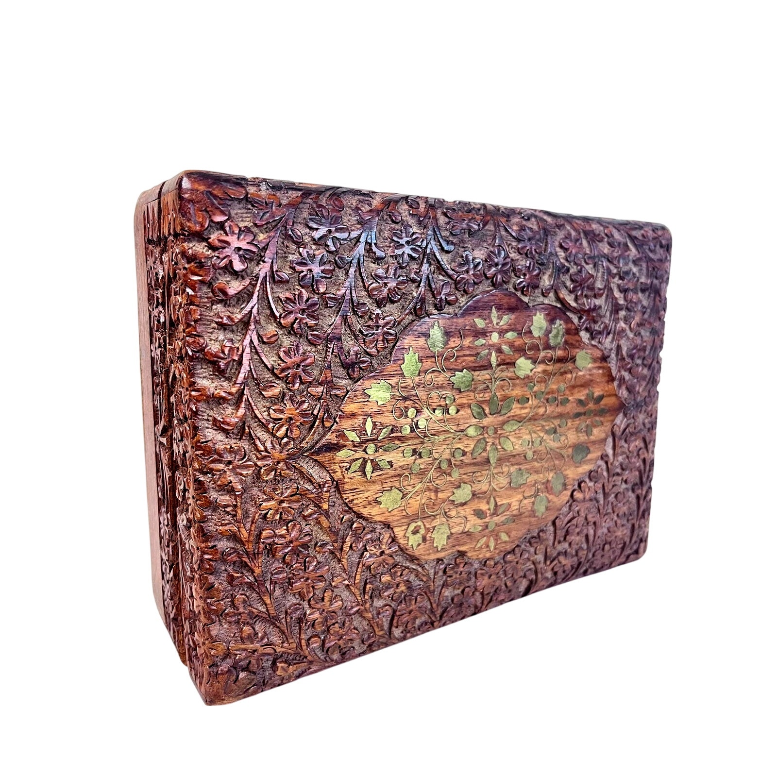 Vintage Hand-Carved Wooden Box | Floral Copper Inlay | Mid-Century Trinket Box