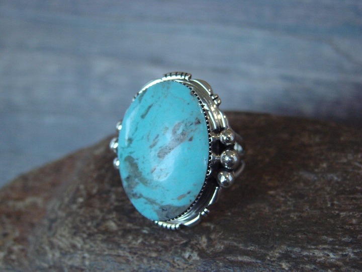 Navajo Indian Sterling Silver & Turquoise Ring by- Size 7
