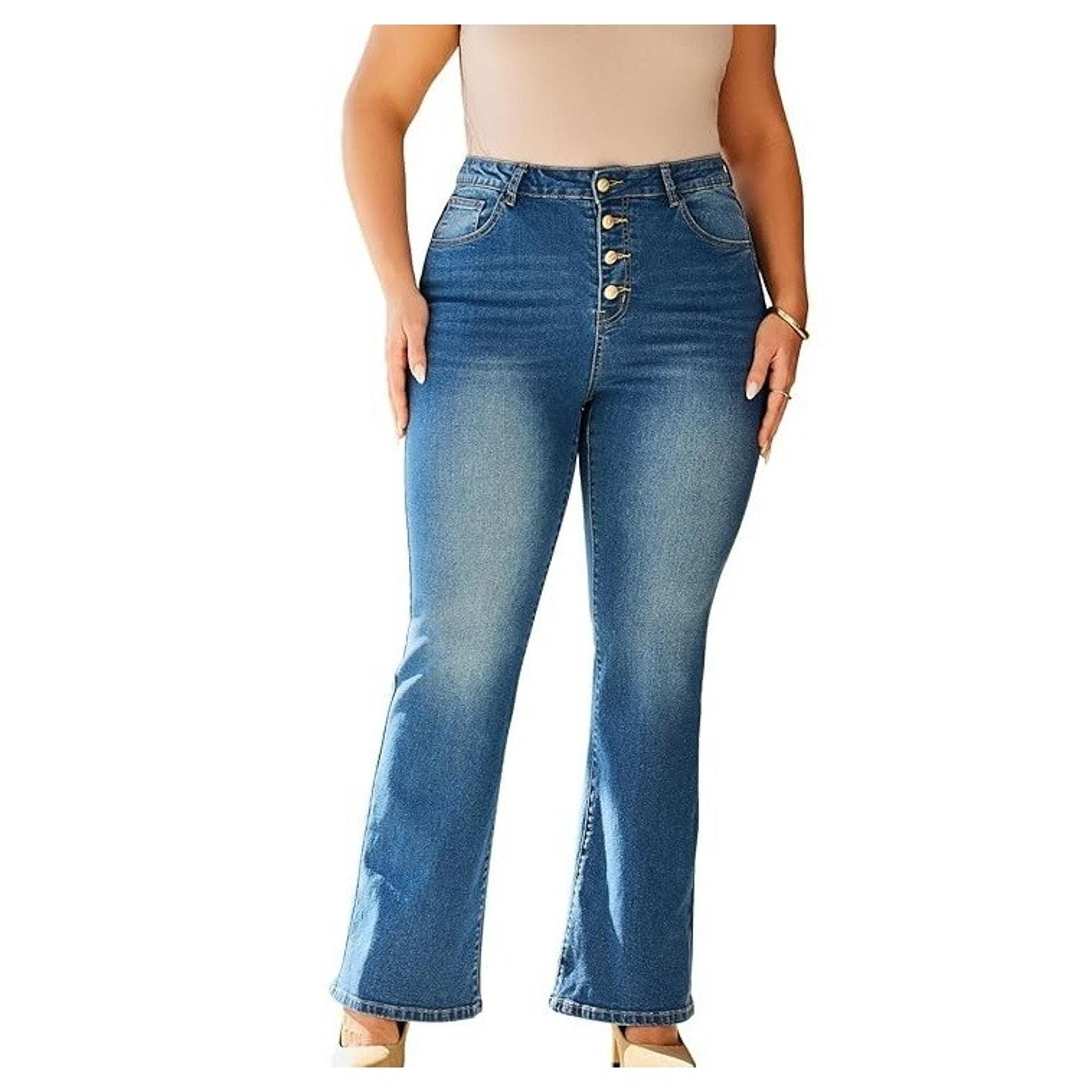 Women's Jeans Bootcut High-Rise Buttoned Hip-Lift Medium Washed Denim Pants