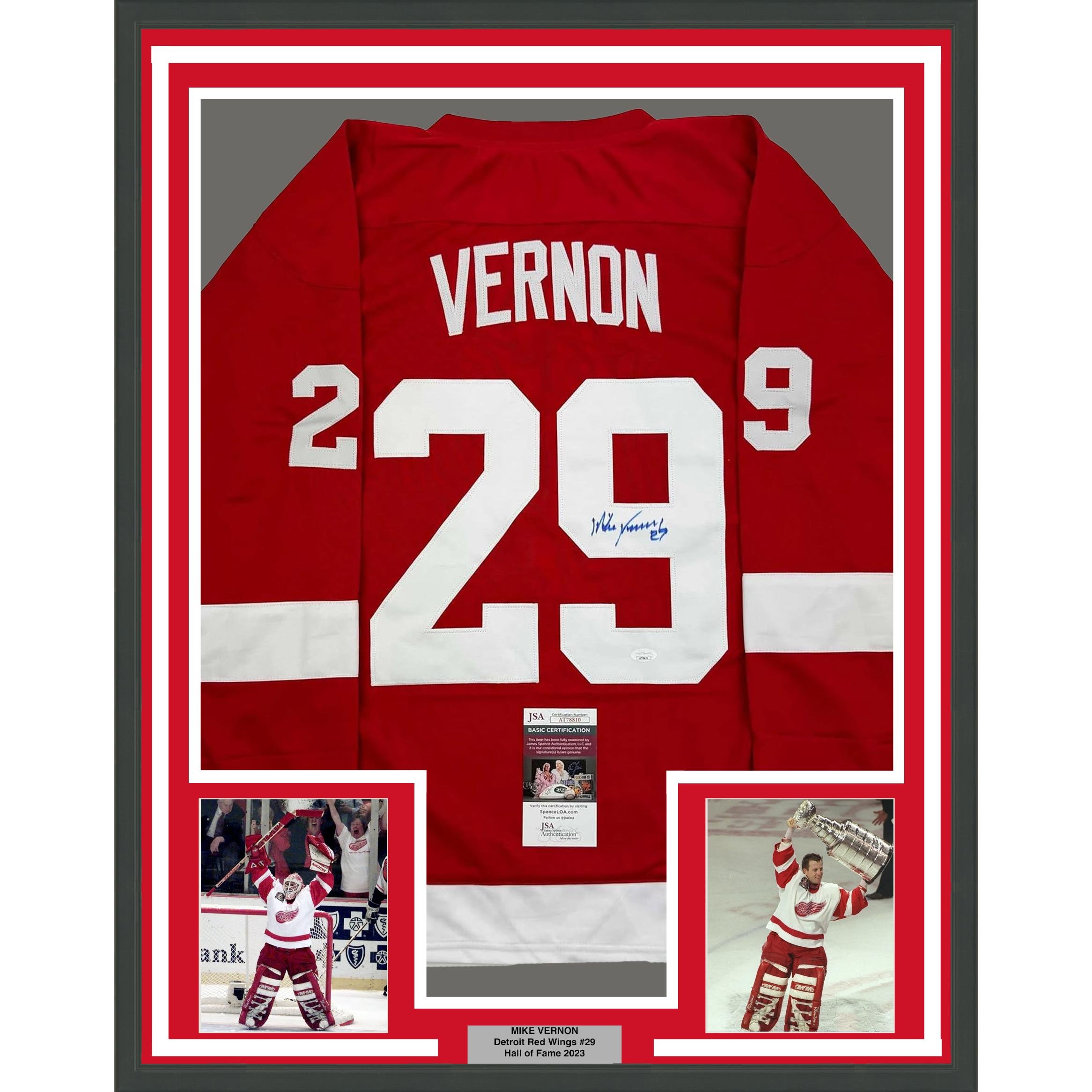 Framed Autographed/Signed Mike Vernon 35x39 Detroit Red Jersey JSA COA