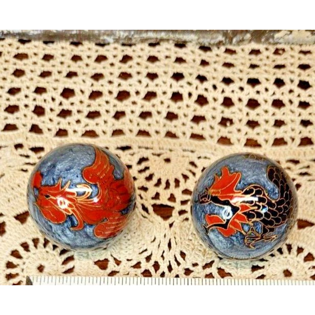 Pair of Chinese Cloissone Phoenix & Dragon Baoding Balls Meditation Chime