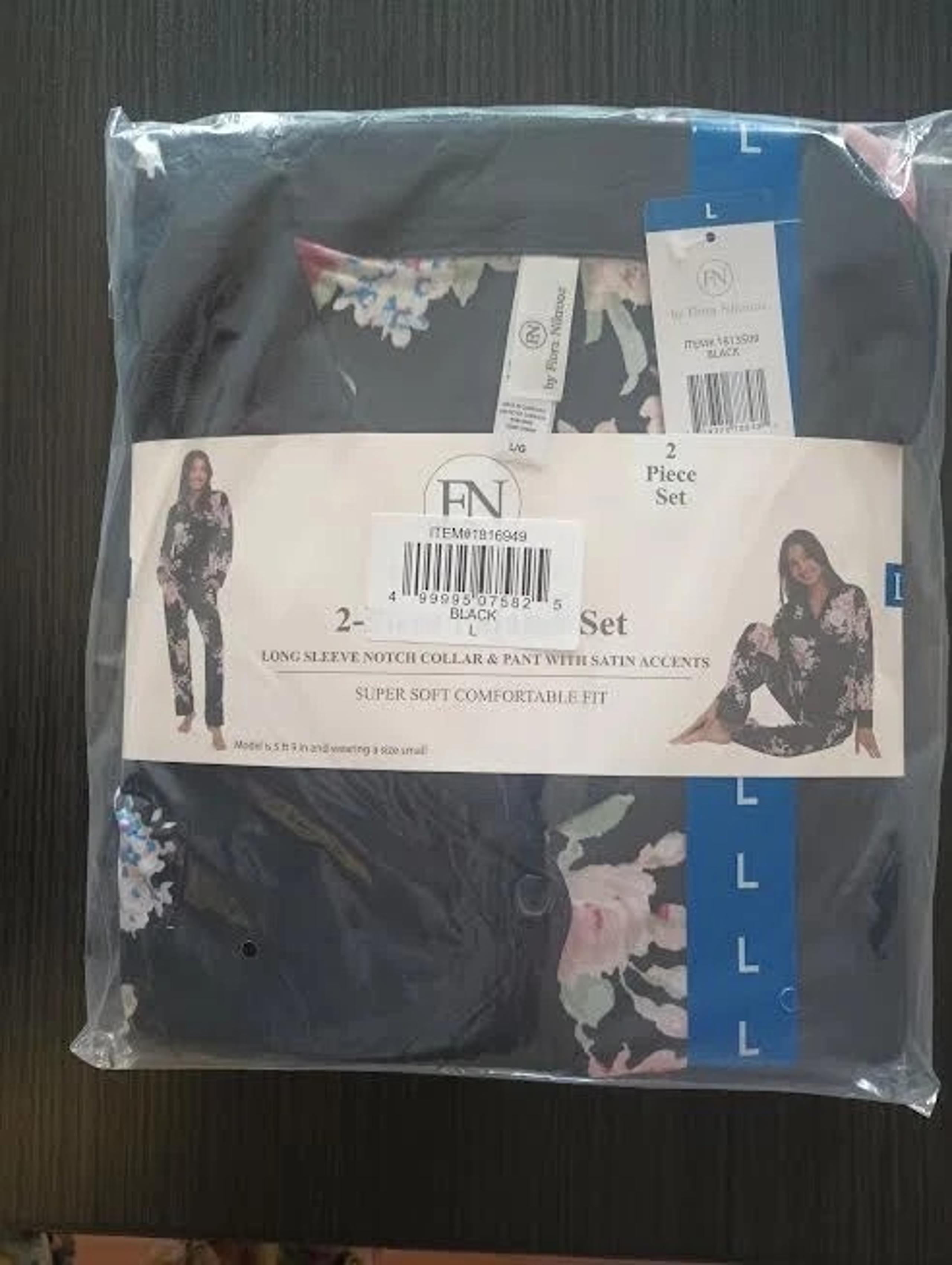 FLORA NIKROOZ WOMEN'S SATIN TRIM NOTCH COLLAR PAJAMA SET BLACK FLORAL SIZE LARGE
