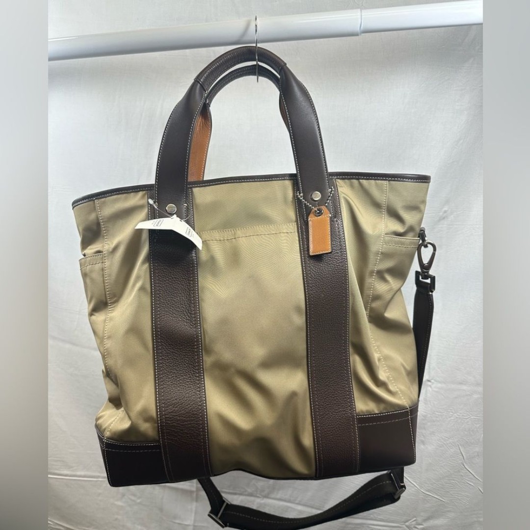 NWT COACH Khaki LEATHER Accents RARE Unisex HANDBAG Tan draft tote large NWT