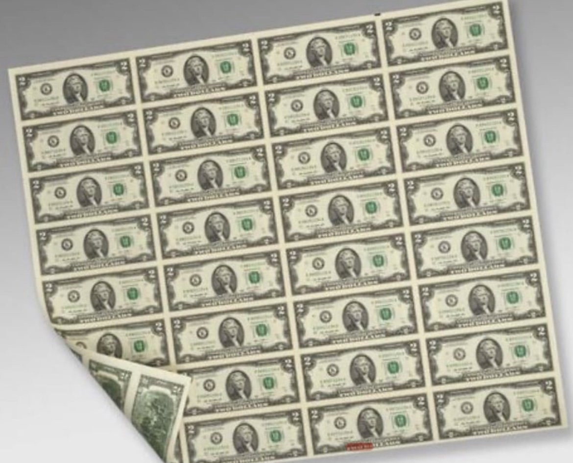 This uncut sheet contains thirty-two (32) 2 banknotes/Federal Reserve Notes - t