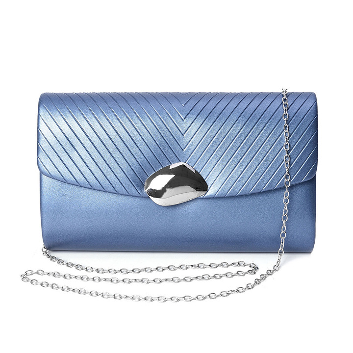 Metallic Blue V-Shape Pattern Faux Leather Evening Clutch Bag w Detachable Strap