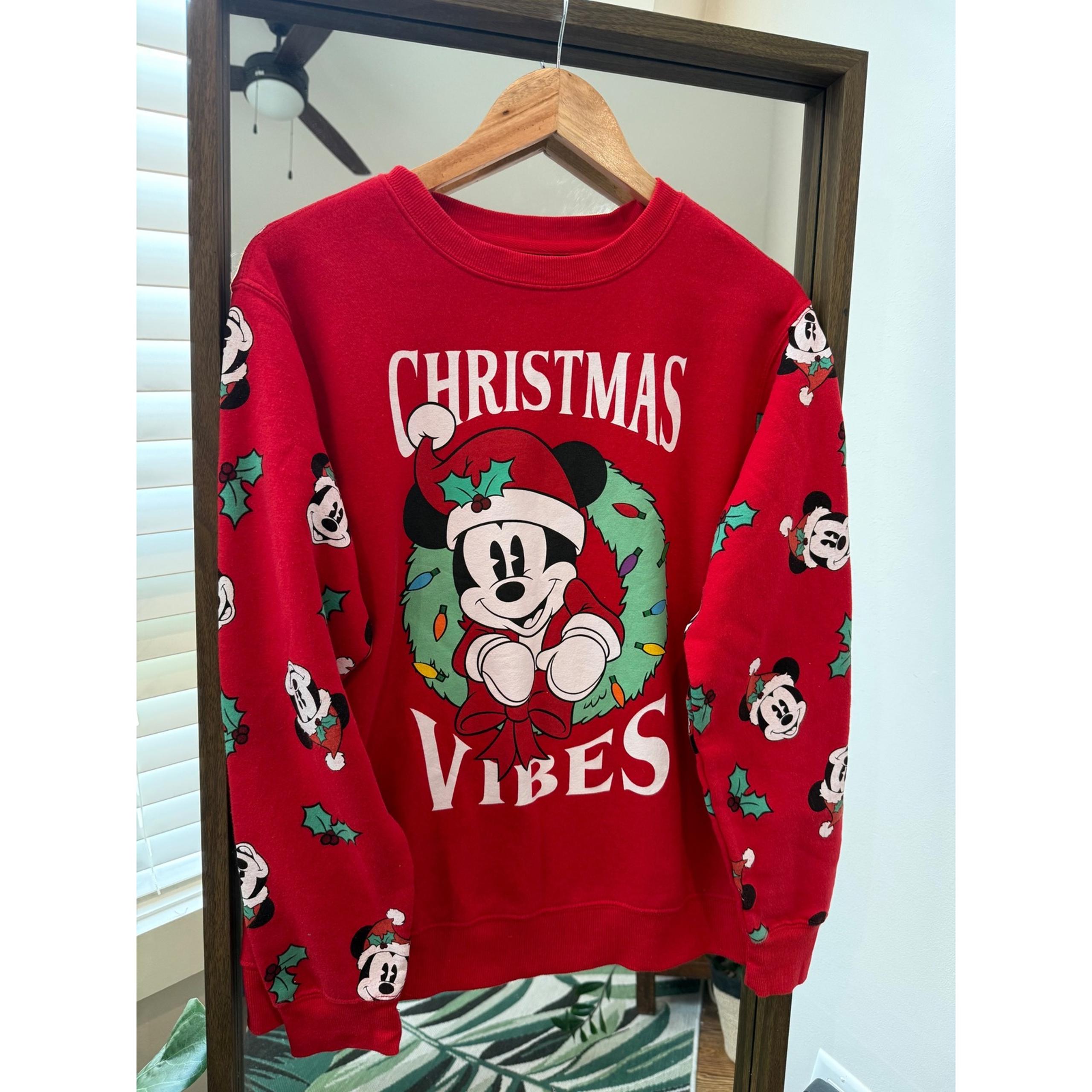 Disney Mickey Mouse Christmas Vibes Holiday Sweatshirt Red Sz Large Holly Wreath