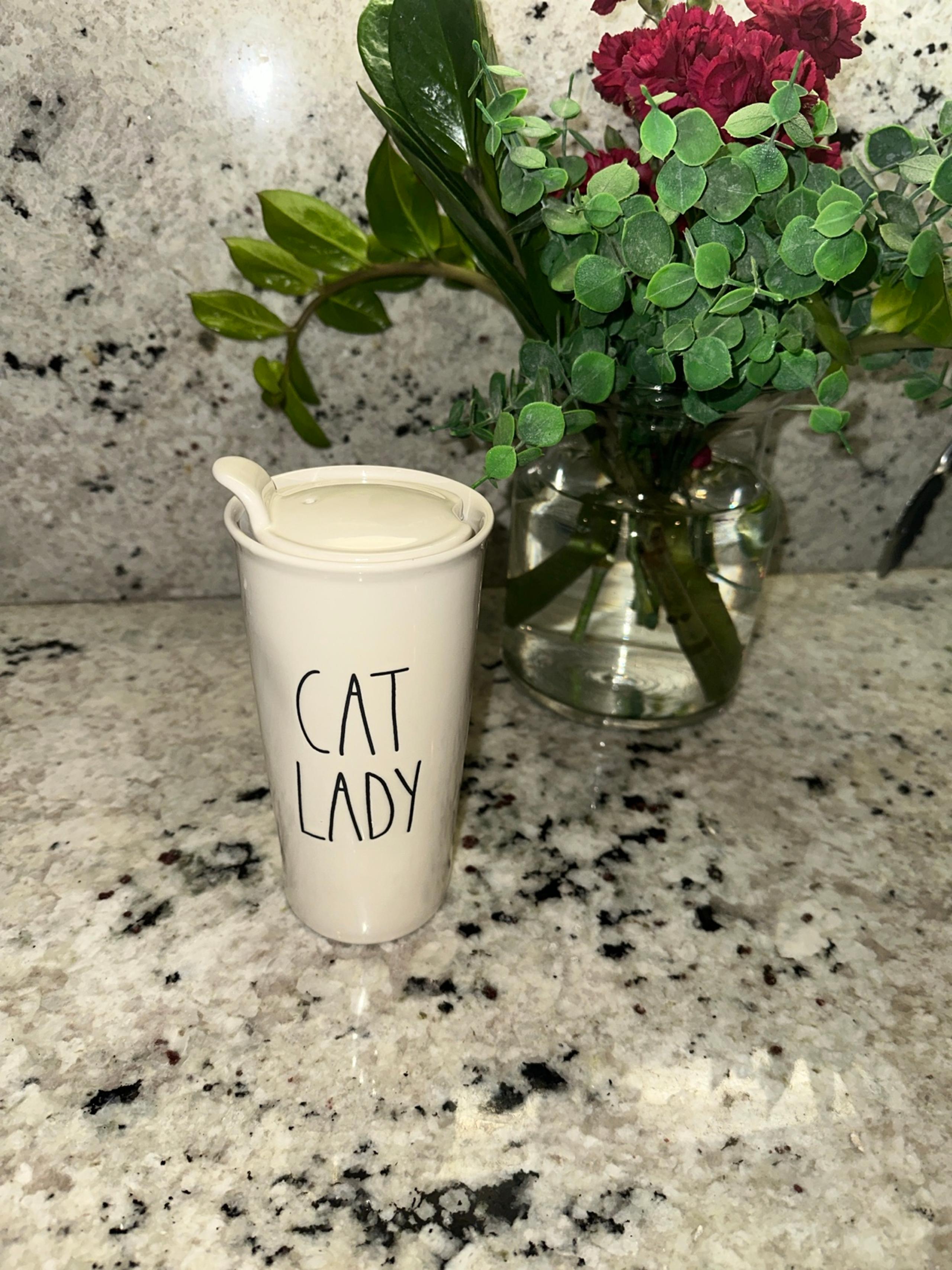 Rae Dunn Cat Lady Ceramic Travel Mug wLid