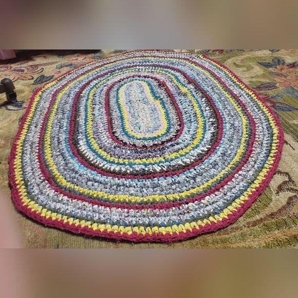 Handmade Vintage Braided Rag Rug Red, Yellow, and Multi colors
