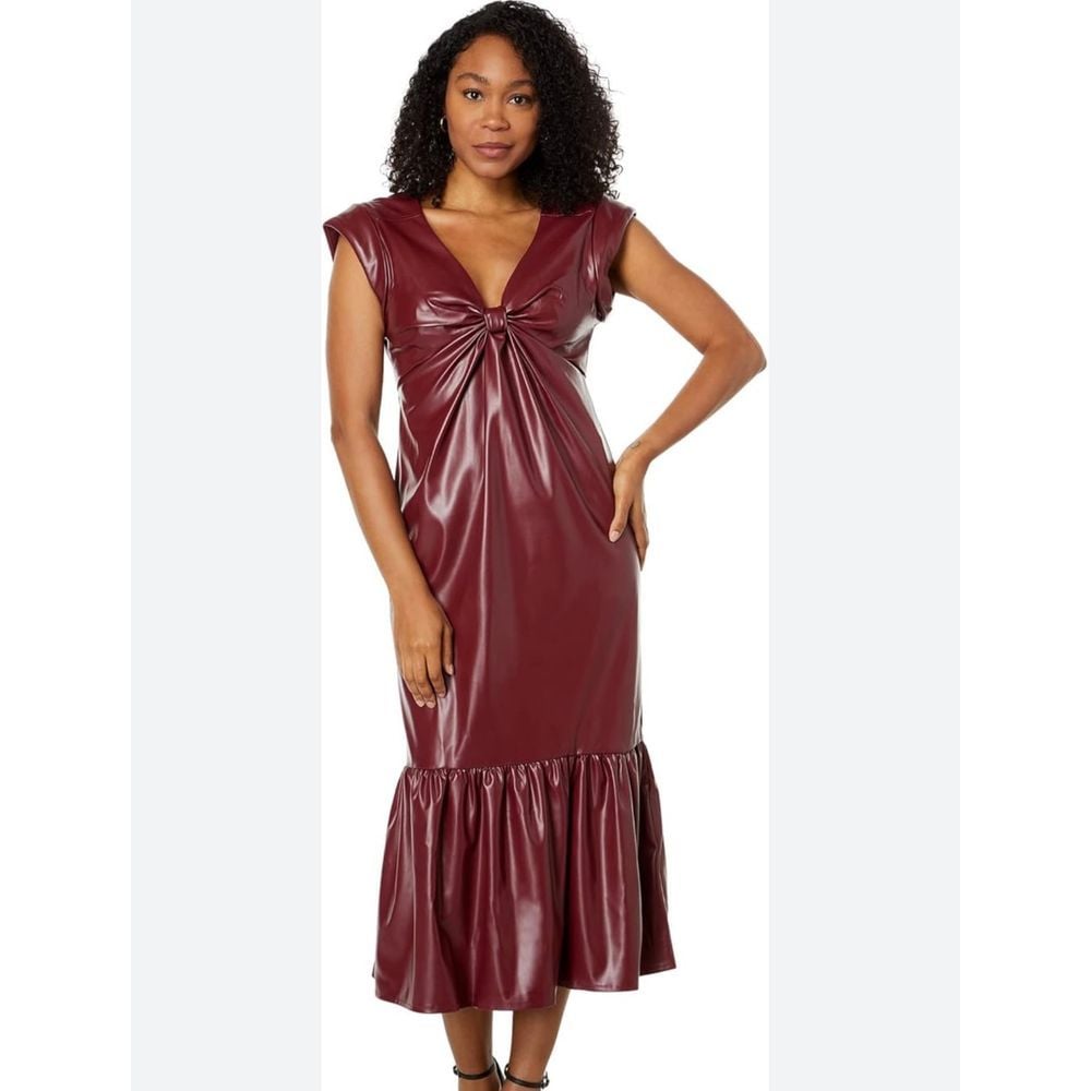 Donna Morgan Burgundy Faux Leather Midi Dress Bow Detail Ruffle Hem Size 12 NWT