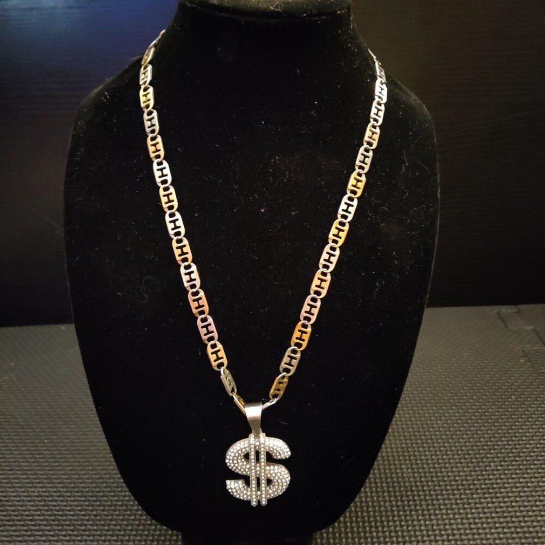 Silver Rhinestone Dollar Sign w/ Gold + Silver 2 Tone Marine Link Chain Necklace