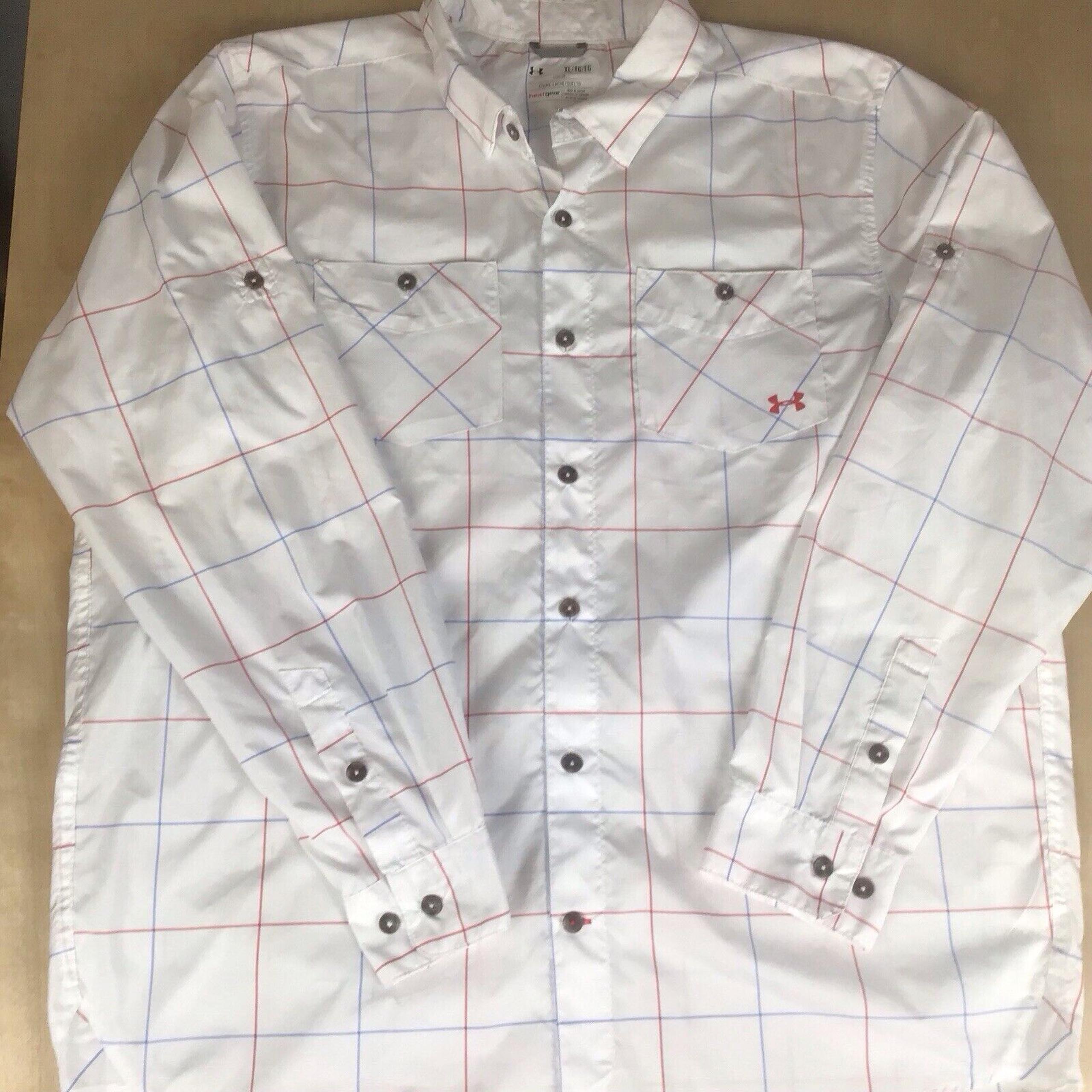 Under Armour Heat Gear Mens XL Long Sleeve Button Up Shirt White Red Blue