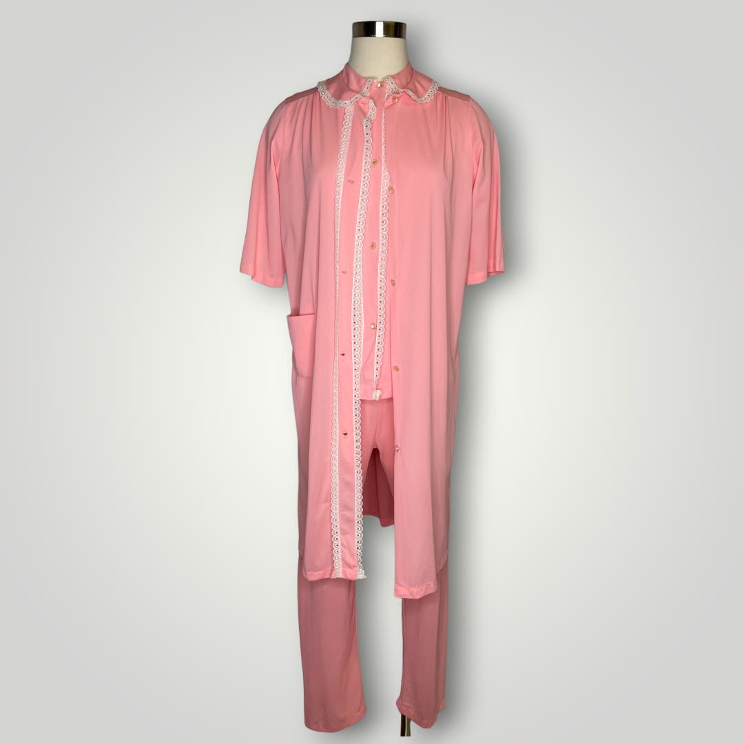 Vintage 1950s 3 Piece Pink and White Eyelet Pajama Set Peter Pan Collar Small