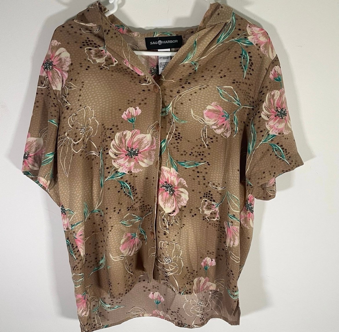SAG Harbor Sz 14 Shirt Brown Floral Sheer Button Down Blouse