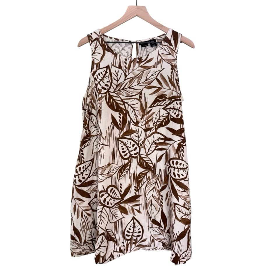 Tahari Linen Sleeveless Leaf Pattern Midi Dress Brown White Women’s Size Large
