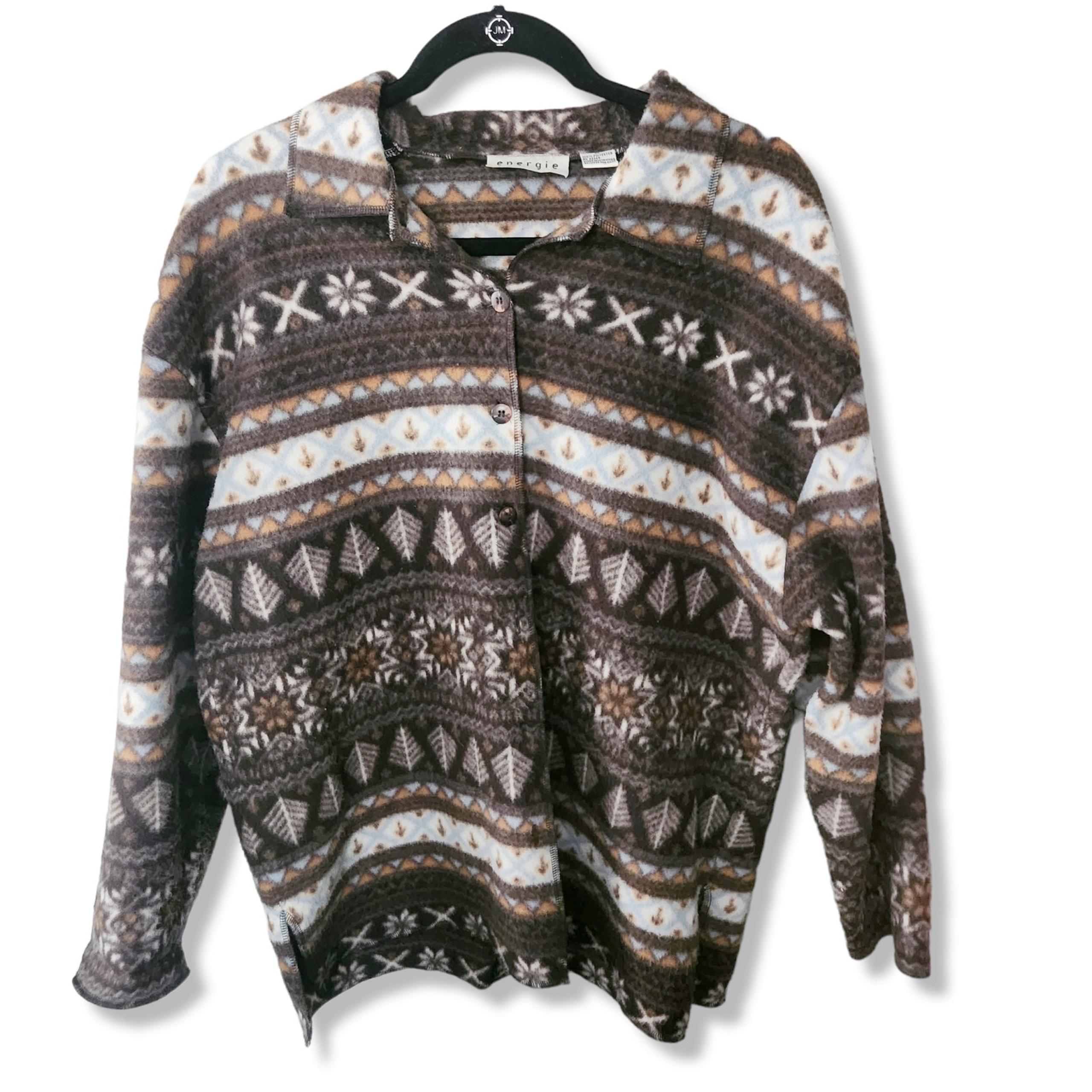 VTG Brown 90s y2k Fleece sweater button down base layer boho western women L XL