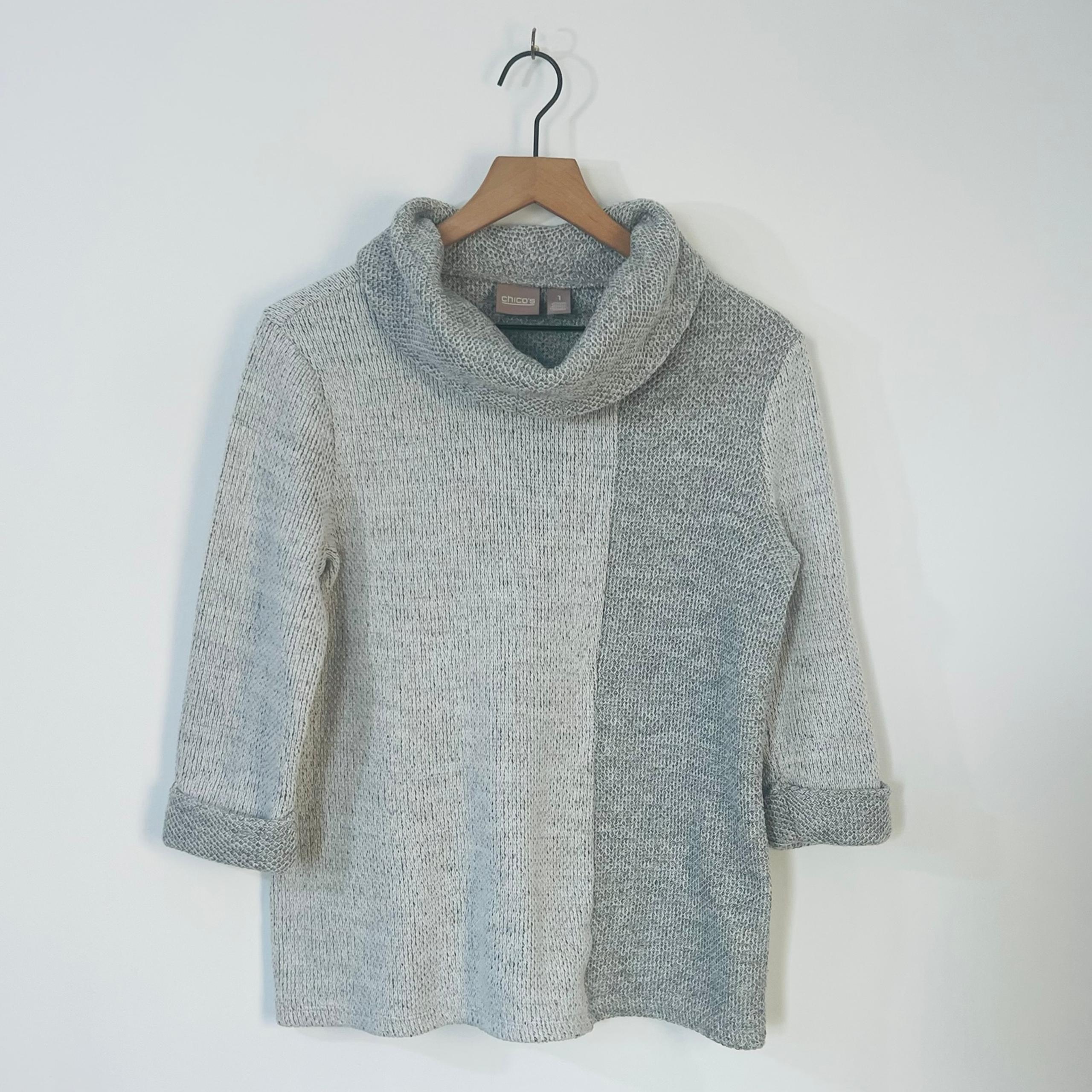 Chico's Dark Gray + Light Gray Pullover Cowl Neck 3/4 Sleeve Pullover Sweater