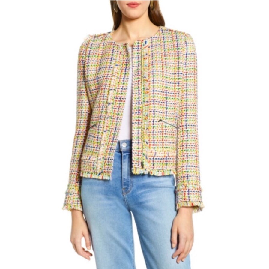 HALOGEN | Rainbow Multi-Color Fringe Tweed Blazer small