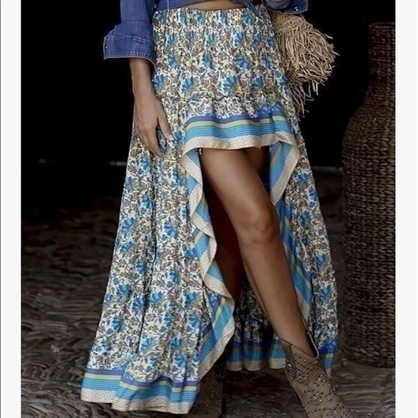 NEW Boho Floral High Low Ruffle Hem Skirt