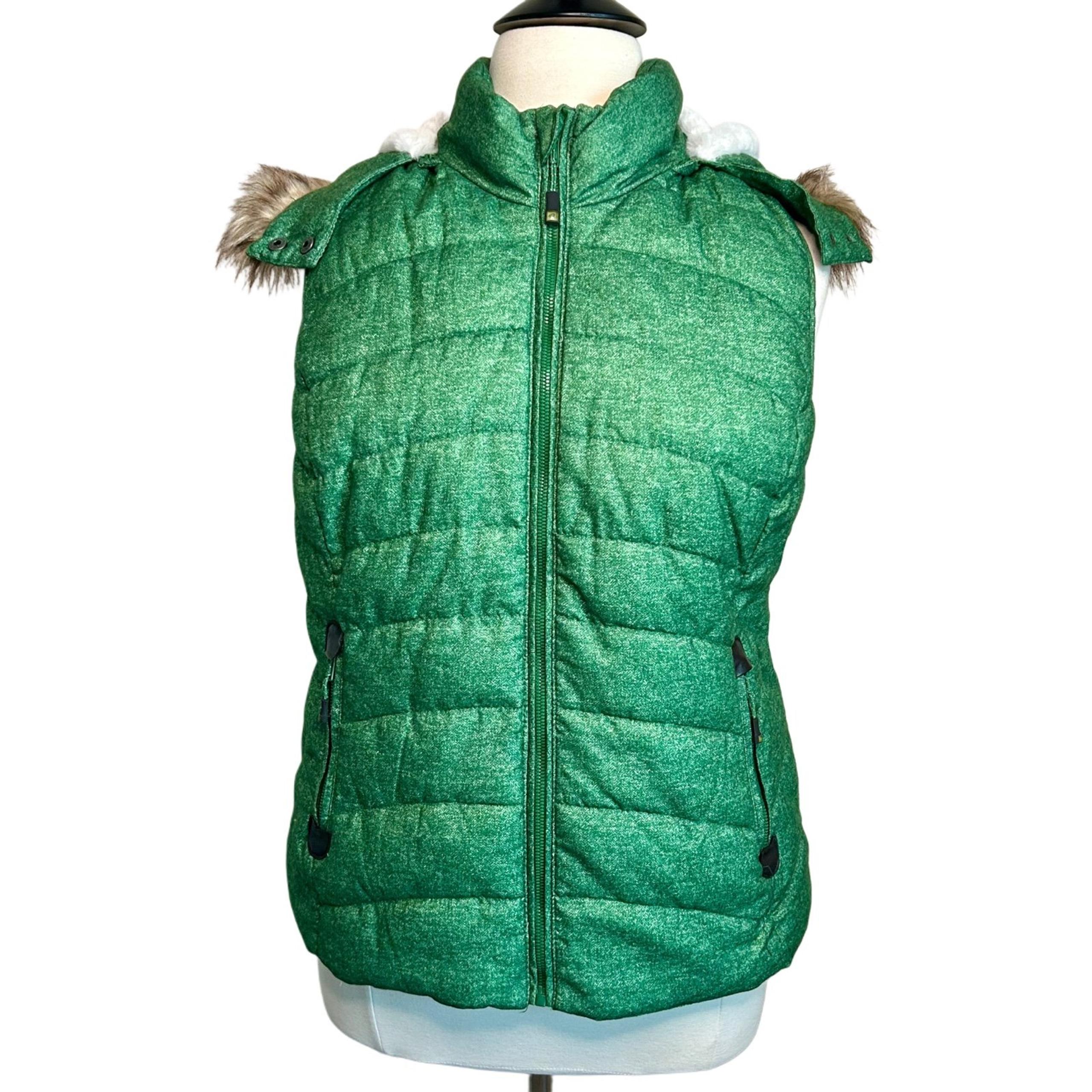 GreenTea Women’s Plus Green Puffer Vest With Removable Fur Trim Hood - Size XXL