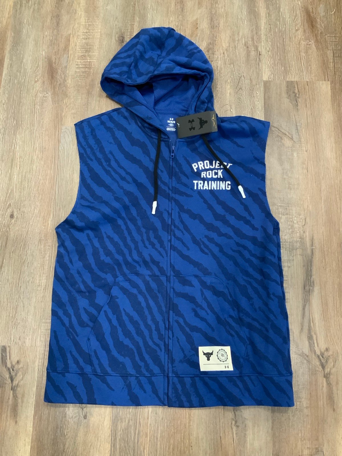 Under Armour Project Rock Rival Blue Hoodie Sleeveless Full Zip 1377444 Mens L