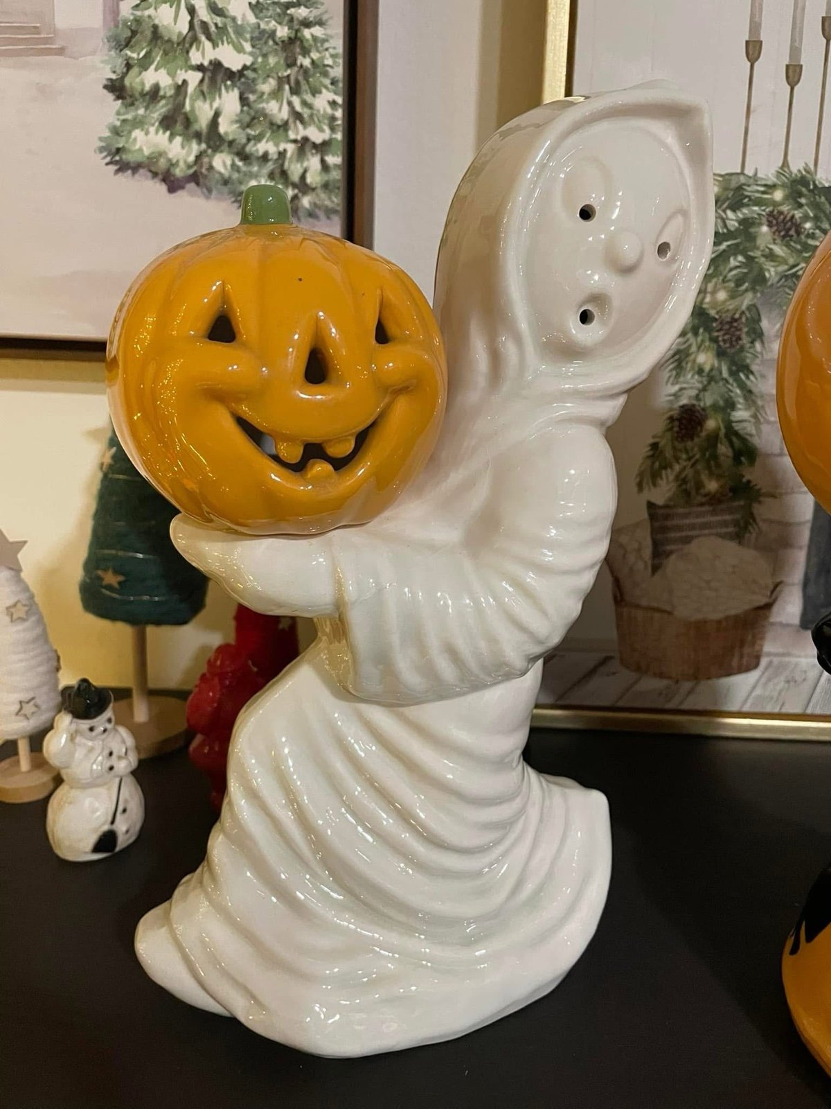 Vintage Halloween Ceramic Ghost running with Pumpkin