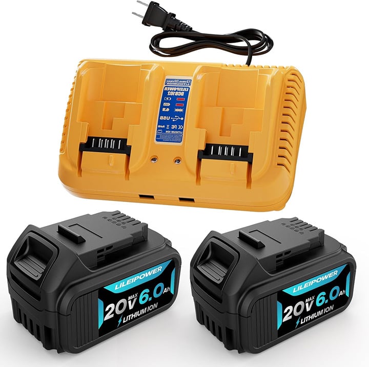 2 pack 20V 6.0Ah Batteries (replaces Dewalt 20V Max) and DCB102 (double) Charger