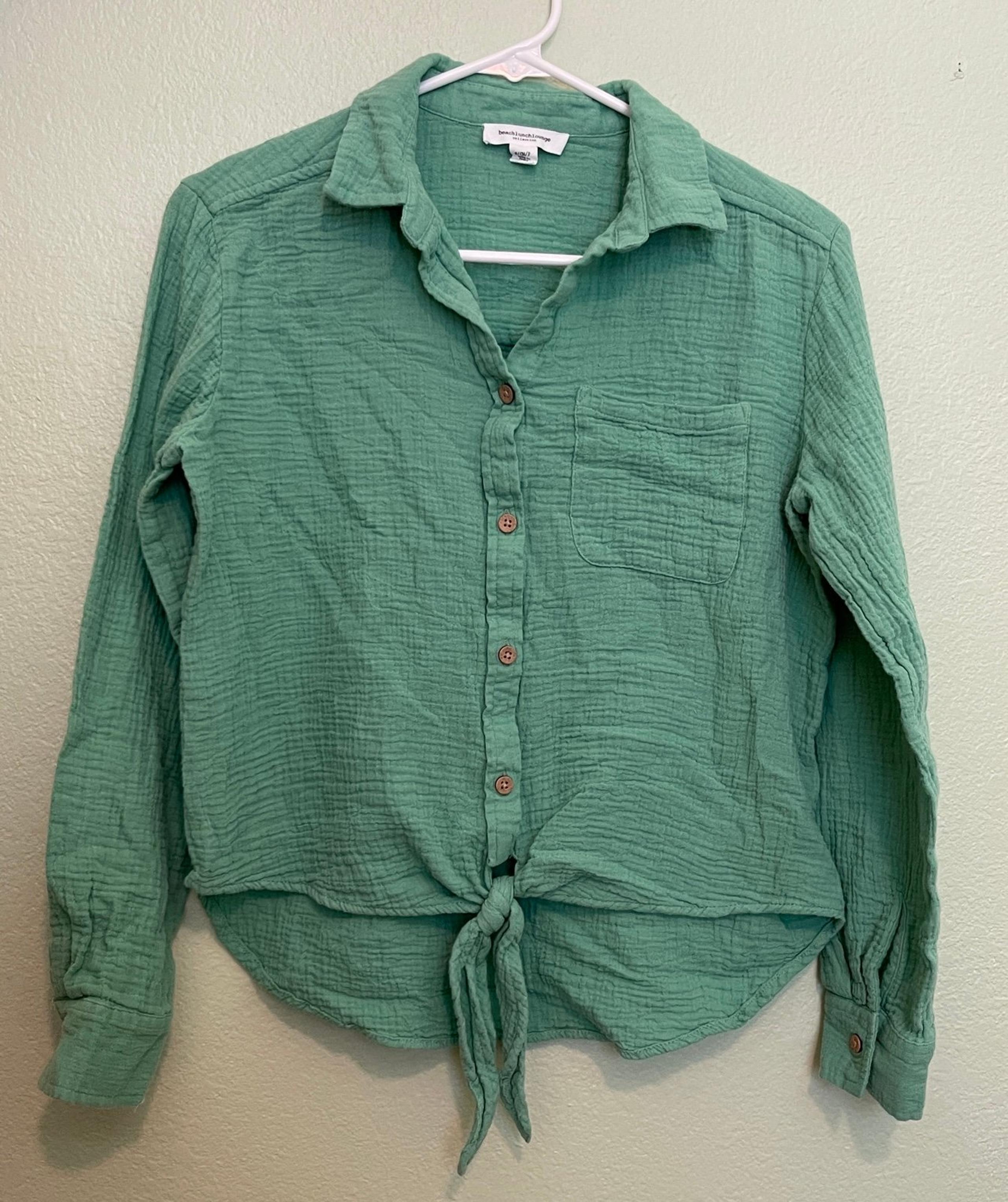 Beach Lunch Lounge Cotton Muslin Tie Waist Shirt Button Down Green Size Small