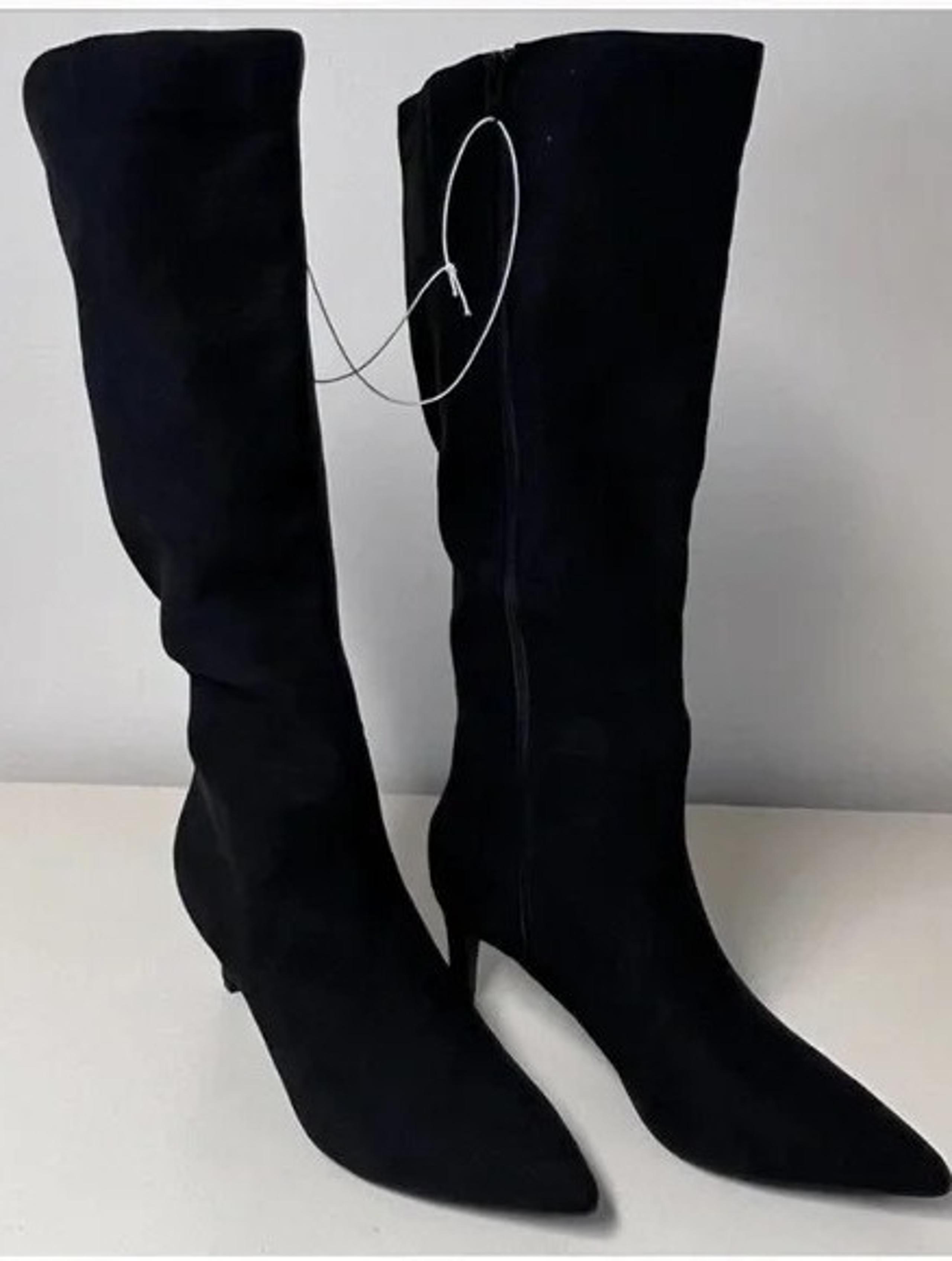 Women's Black Stiletto Mid Heel Tall Boots with Memory Foam Insole